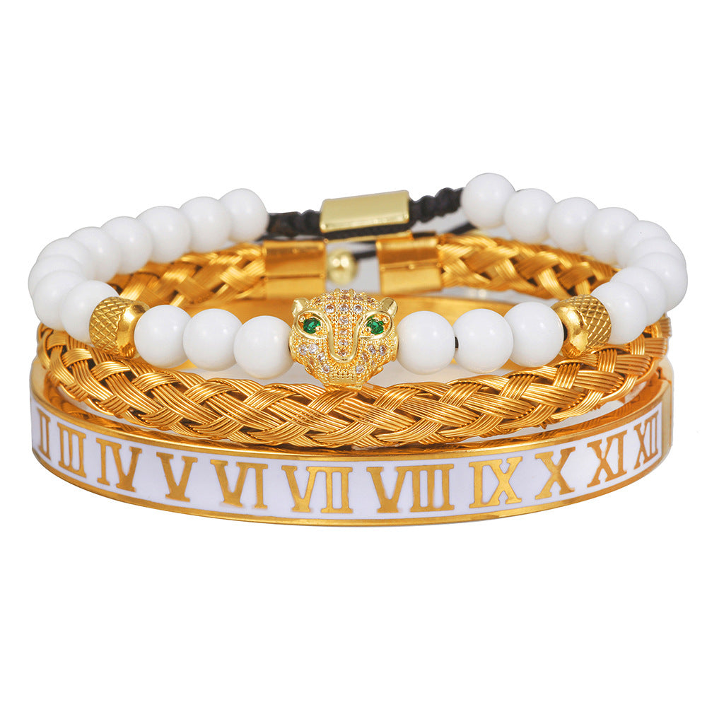 Wholesale Zircon Skull Crown Stainless Steel White Oil Drop Roman Numeral Bracelet Set